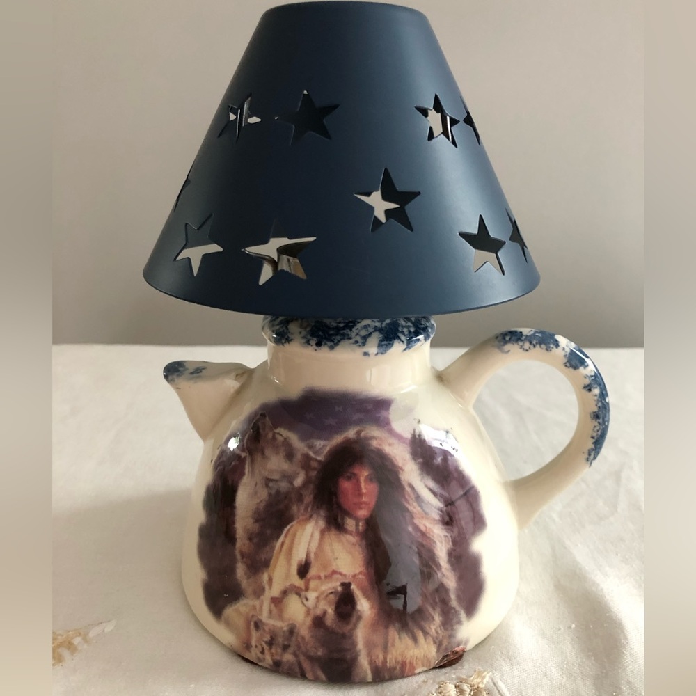 Wisconsin Pottery Native American Candle Lamp With Celestial Star Metal Shade